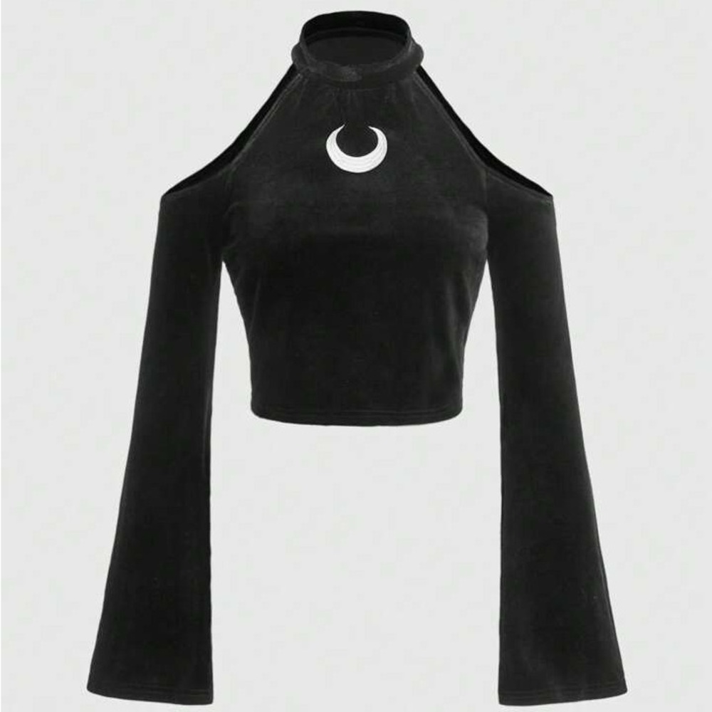 Goth Black Velvet Moon Embroidery Halter Neck cut Shoulder Long Sleeve Crop top